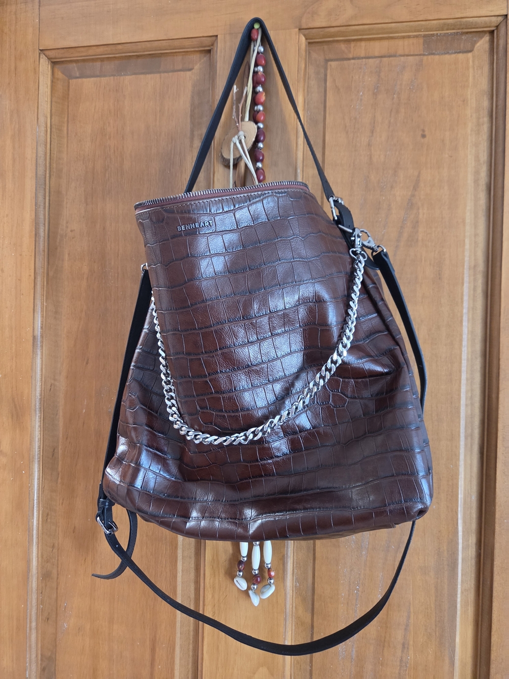 Benheart Brown Croc-Embossed Leather Shoulder Bag Hand Made Italian Custom Bag.